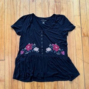 American Eagle Outfitters Soft & Sexy Black Floral Embroidered Blouse M